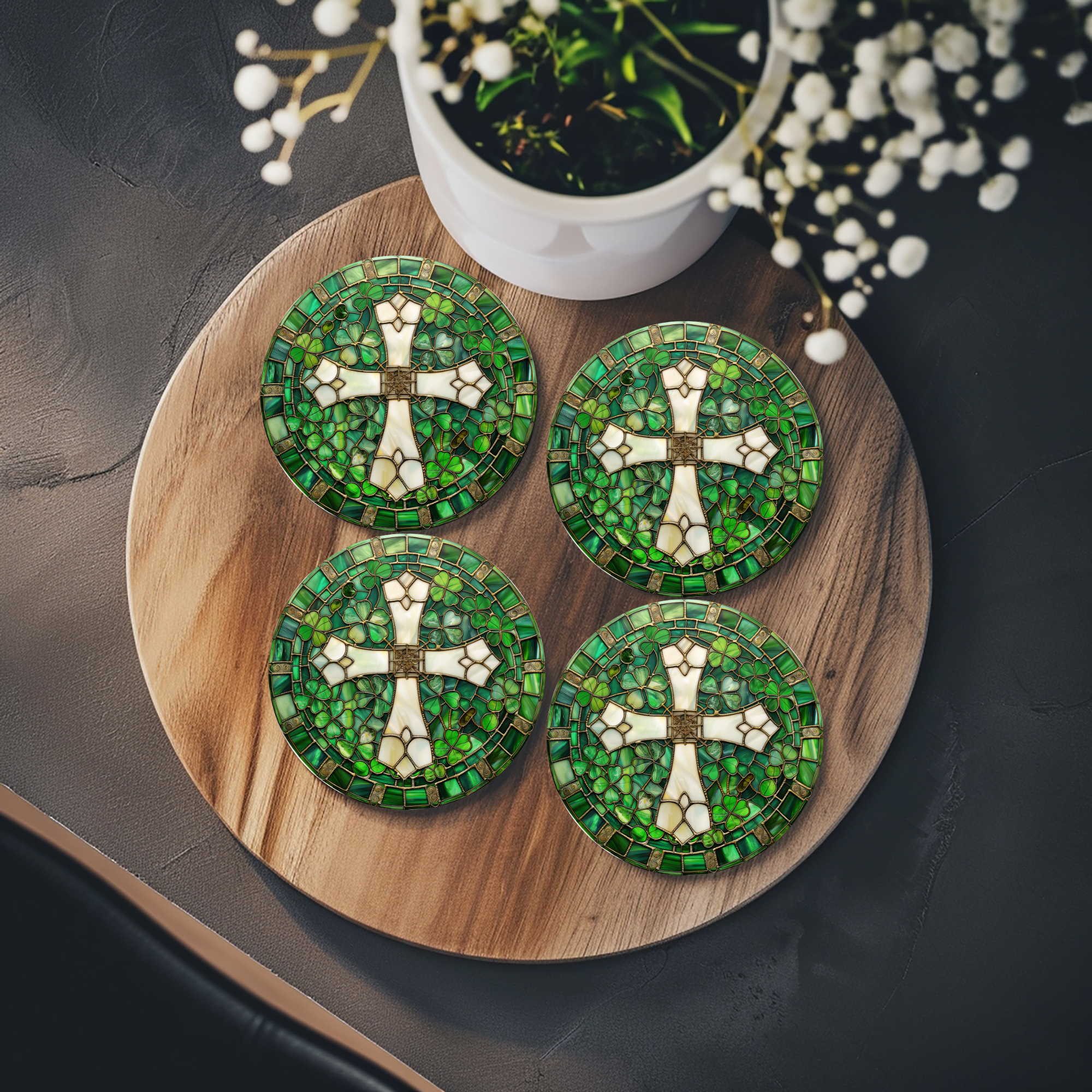 Faux Stained Glass Celtic Cross Ceramic Coaster, Elegant Coffee Table Decor, Celtic Art Gift, Desk Accessory, Ceramic Coasters, Irish Gift