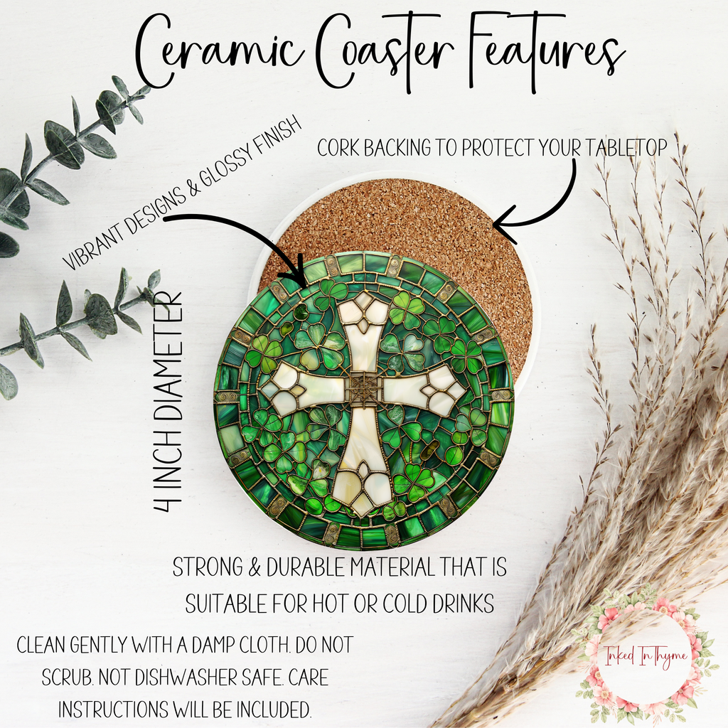 Faux Stained Glass Celtic Cross Ceramic Coaster, Elegant Coffee Table Decor, Celtic Art Gift, Desk Accessory, Ceramic Coasters, Irish Gift