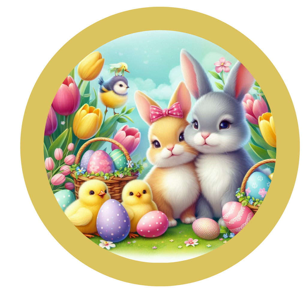 Easter Bunny Couple Wreath Sign, Round Metal Sign, Door Hanger