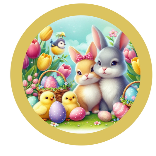 Easter Bunny Couple Wreath Sign, Round Metal Sign, Door Hanger