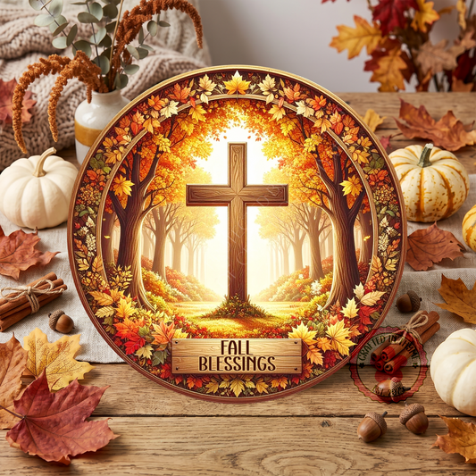 Fall Blessings Wreath Sign, Round Metal Sign For Wreaths, Wreath Attachment, Cross Fall Wreath Sign