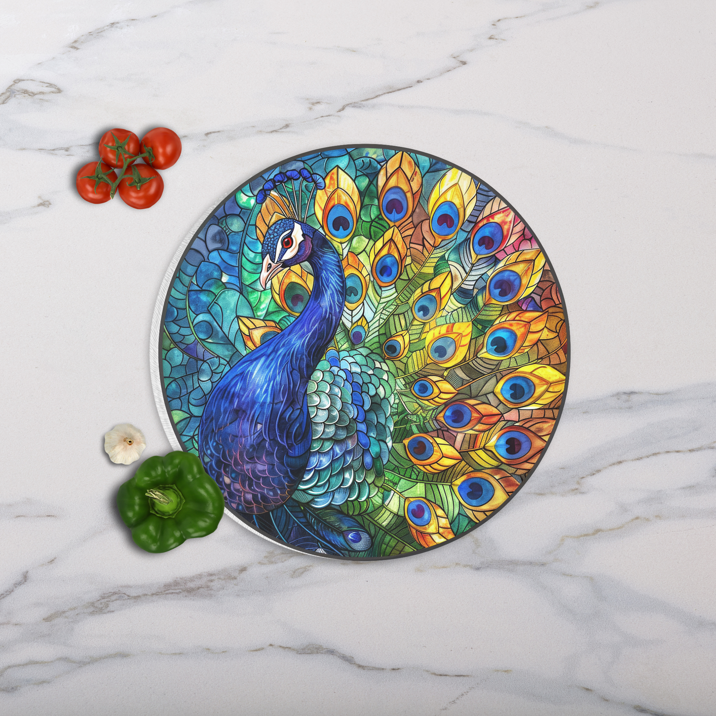 Faux Stained Glass Peacock Round Tempered Glass Cutting Board, Charcuterie Board, Serving Tray, Hostess Housewarming, Challah Board