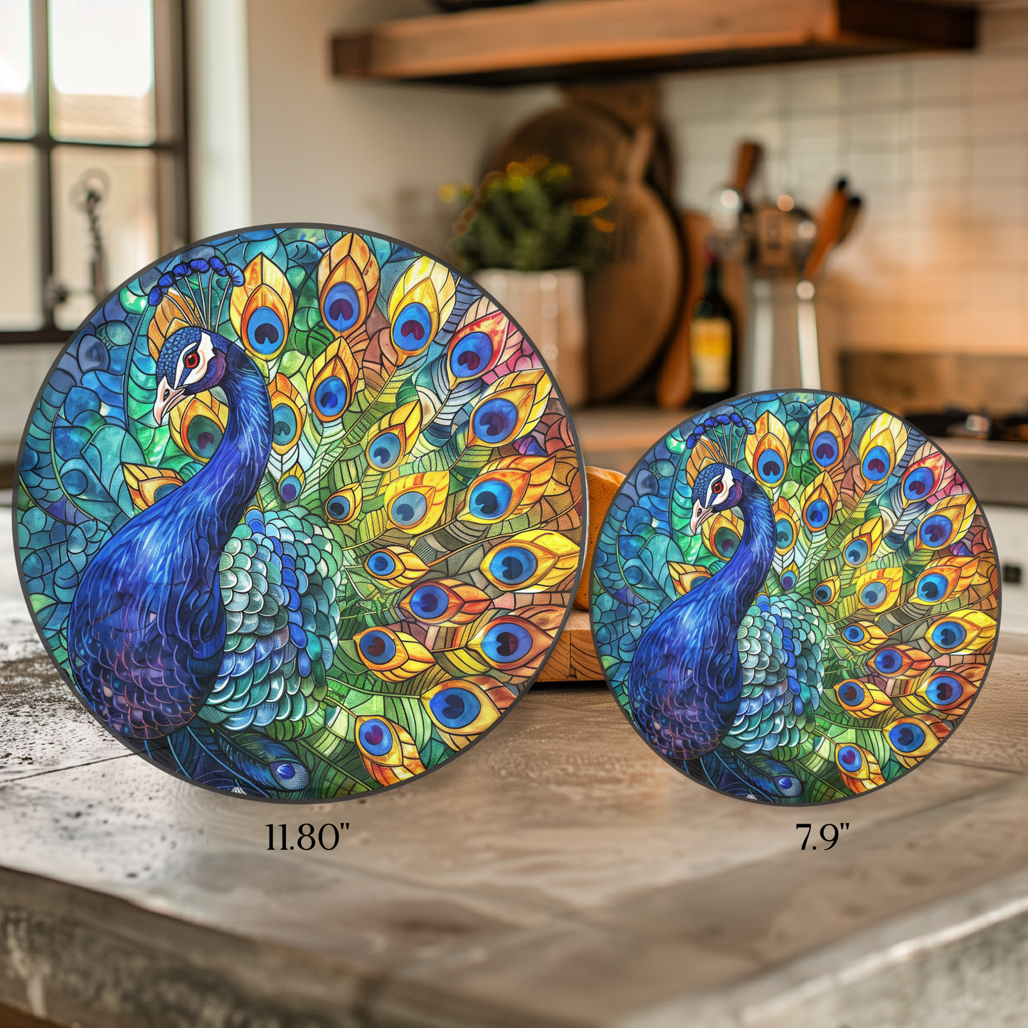 Faux Stained Glass Peacock Round Tempered Glass Cutting Board, Charcuterie Board, Serving Tray, Hostess Housewarming, Challah Board