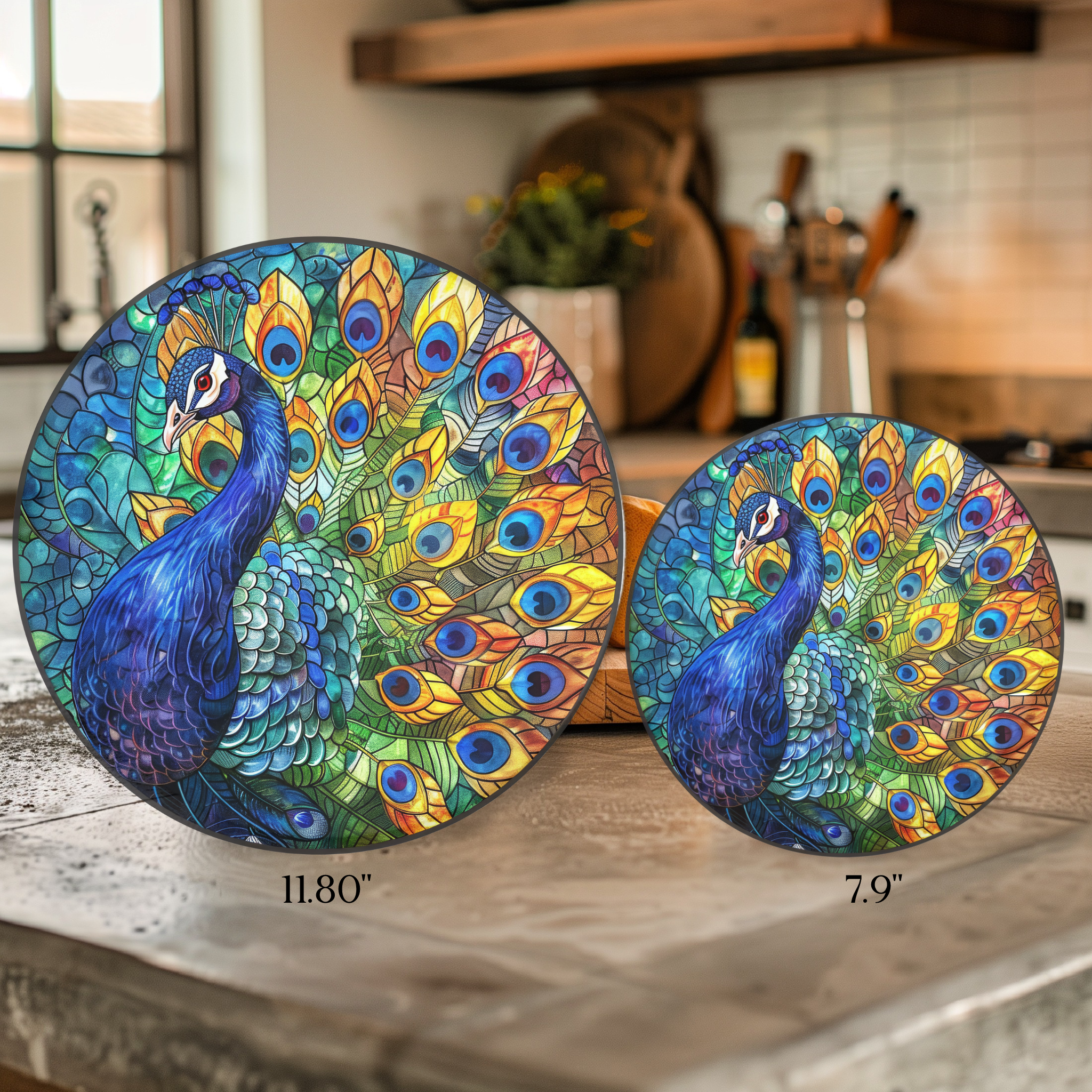 Faux Stained Glass Peacock Round Tempered Glass Cutting Board, Charcuterie Board, Serving Tray, Hostess Housewarming, Challah Board