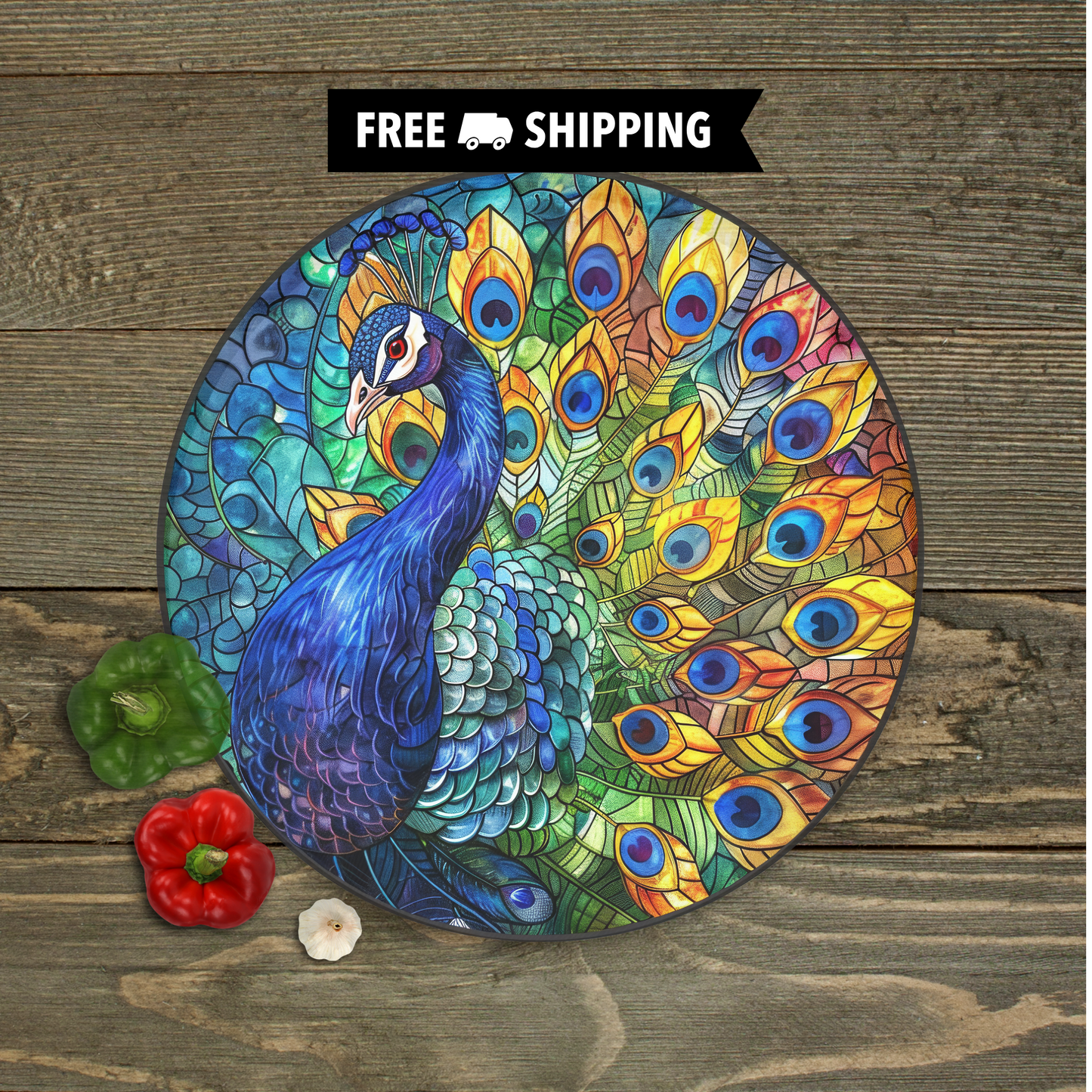 Faux Stained Glass Peacock Round Tempered Glass Cutting Board, Charcuterie Board, Serving Tray, Hostess Housewarming, Challah Board