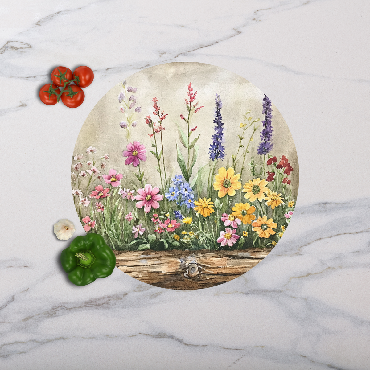 Wildflowers Round Tempered Glass Cutting Board, Charcuterie Board, Serving Tray, Hostess Housewarming, Challah Board, Mother’s Day Gift