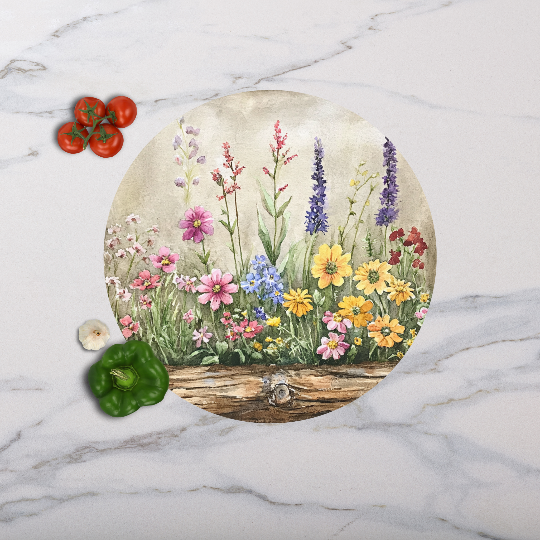 Wildflowers Round Tempered Glass Cutting Board, Charcuterie Board, Serving Tray, Hostess Housewarming, Challah Board, Mother’s Day Gift