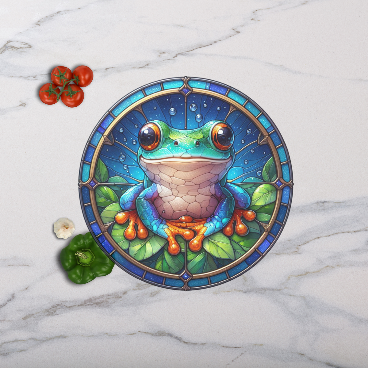 Faux Stained Glass Frog Round Tempered Glass Cutting Board, Charcuterie Board, Serving Tray, Hostess Housewarming, Challah Board (Copy)