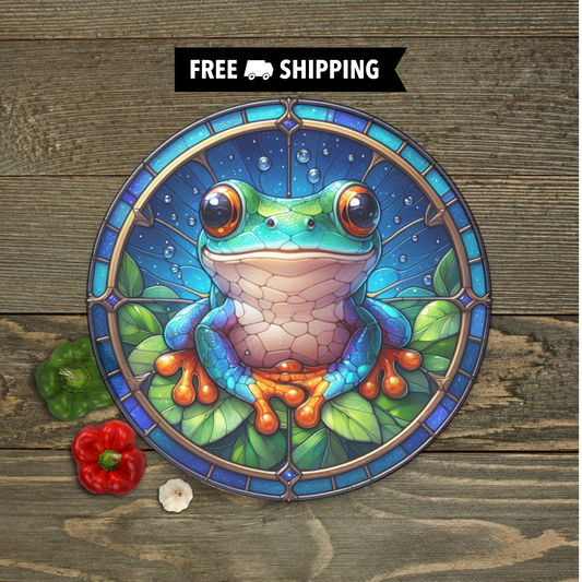 Faux Stained Glass Frog Round Tempered Glass Cutting Board, Charcuterie Board, Serving Tray, Hostess Housewarming, Challah Board (Copy)