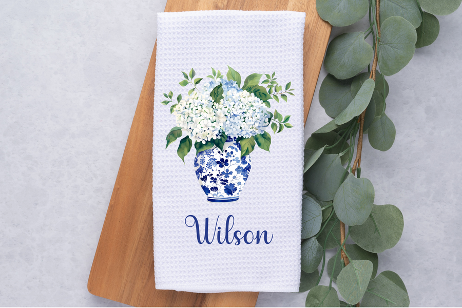 Personalized Hydrangeas In Blue Chinoiserie Vase Tea Dish Hand Kitchen Towel, Floral Kitchen Towel Decor Gift, Hostess Housewarming Gift