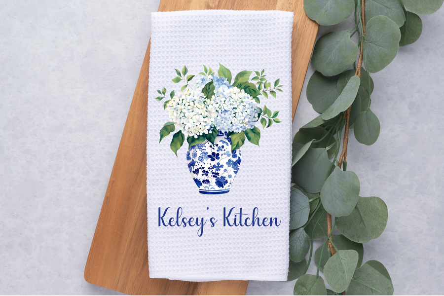Personalized Hydrangeas In Blue Chinoiserie Vase Tea Dish Hand Kitchen Towel, Floral Kitchen Towel Decor Gift, Hostess Housewarming Gift