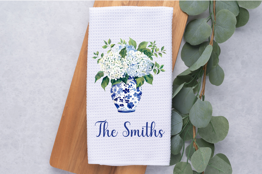 Personalized Hydrangeas In Blue Chinoiserie Vase Tea Dish Hand Kitchen Towel, Floral Kitchen Towel Decor Gift, Hostess Housewarming Gift