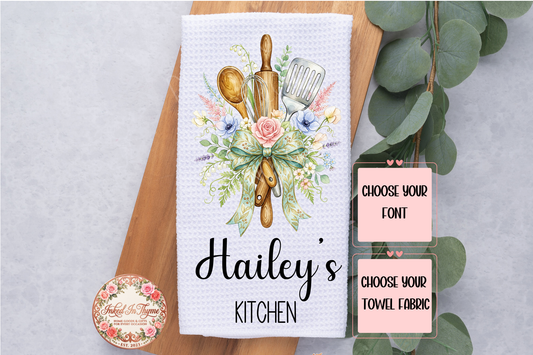 Personalized Floral Kitchen Utensils Tea Dish Hand Kitchen Towel, Floral Kitchen Towel Decor Gift, Hostess Housewarming Gift