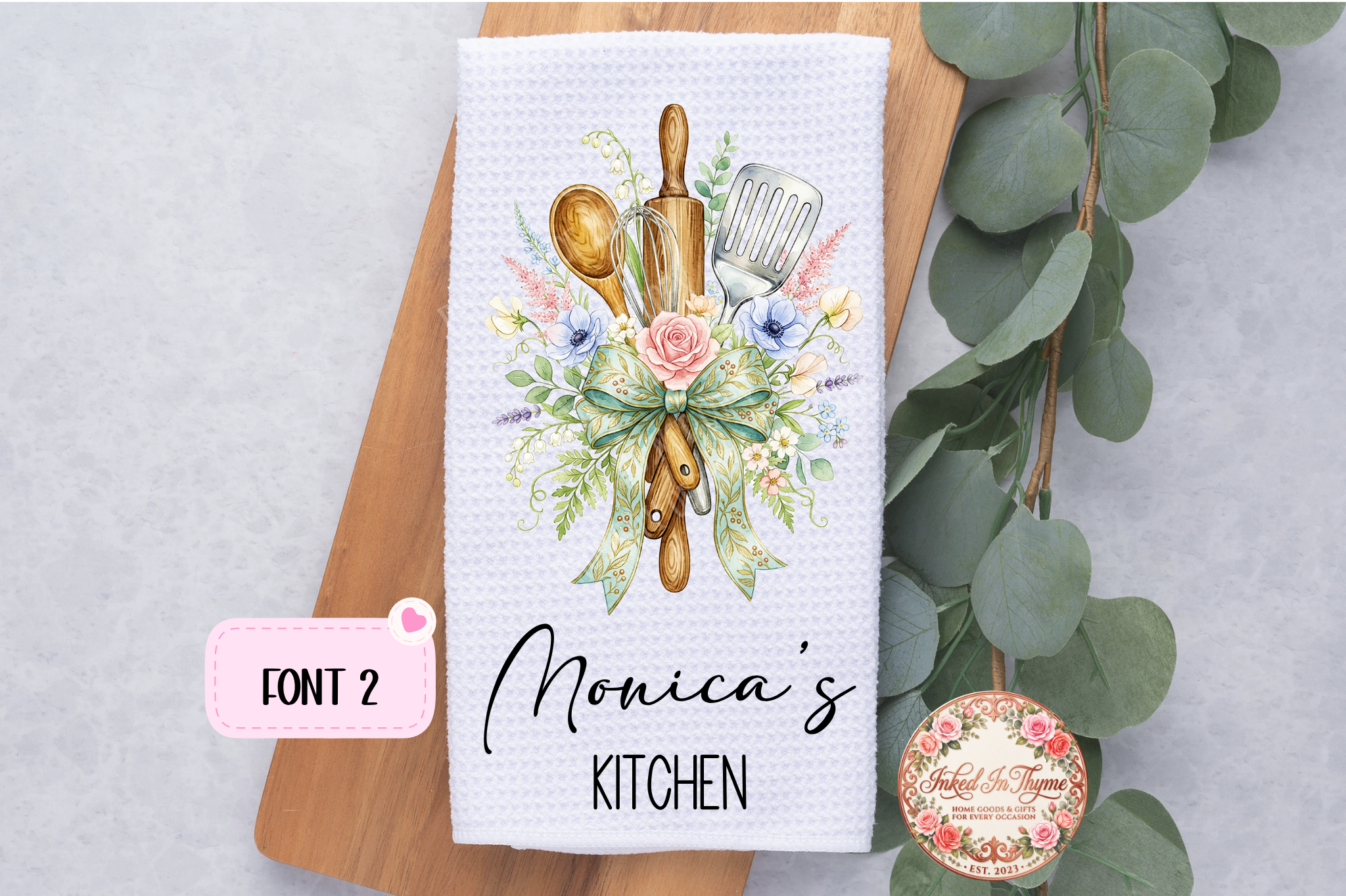 Personalized Floral Kitchen Utensils Tea Dish Hand Kitchen Towel, Floral Kitchen Towel Decor Gift, Hostess Housewarming Gift