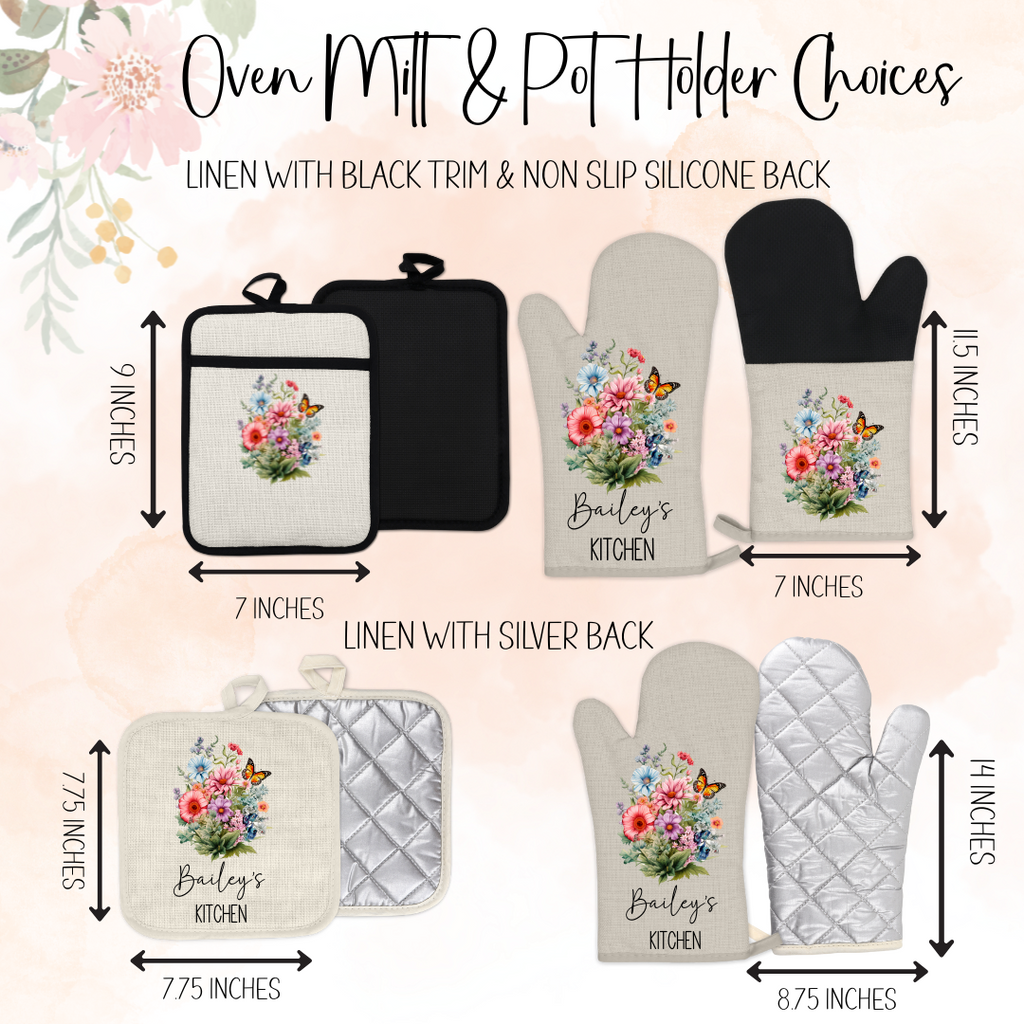 Custom Linen Apron Set, Personalized Oven Mitt Pot Holder Apron Set, Wildflowers  Towel Gift Set, Gift For Her, Hostess Housewarming Gift