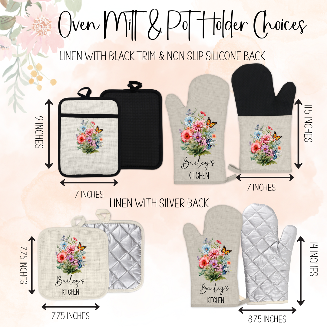 Custom Linen Apron Set, Personalized Oven Mitt Pot Holder Apron Set, Wildflowers  Towel Gift Set, Gift For Her, Hostess Housewarming Gift