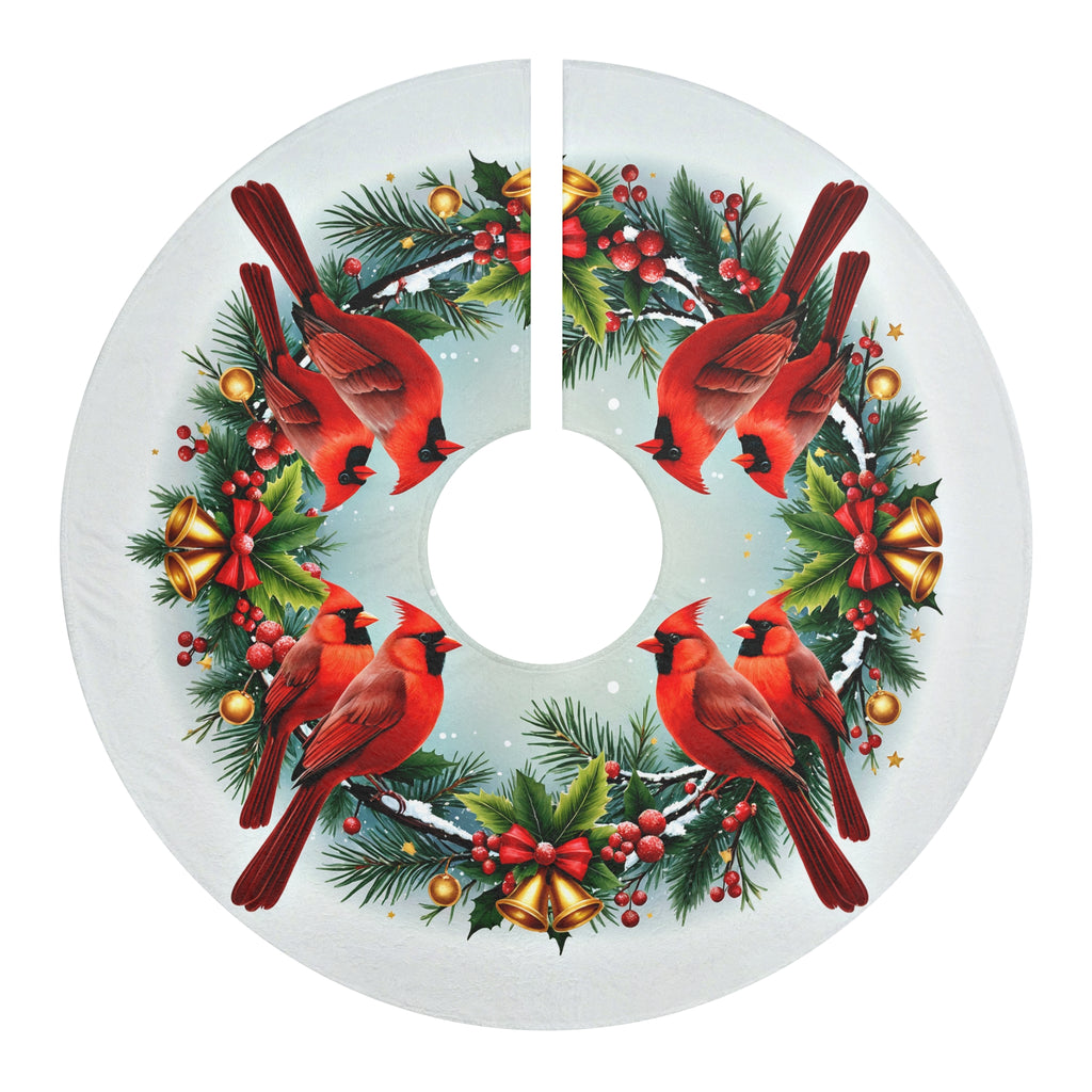 Cardinals and Christmas Bells Christmas Tree Skirt, Round Tree Skirt, Christmas Tree Decor