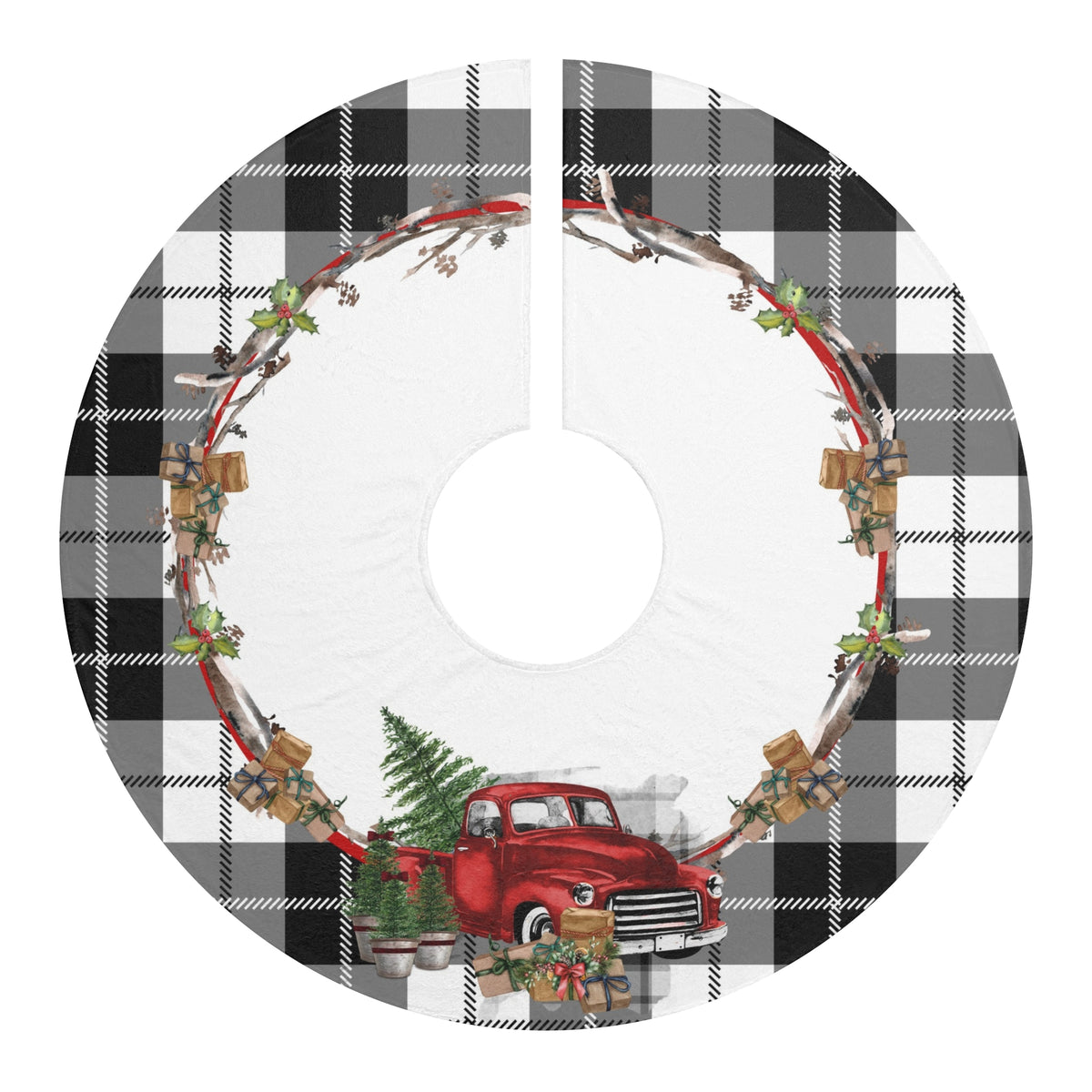 Buffalo Plaid Rustic Christmas Red Truck Tree Skirt, Rustic Holiday Decor, Farmhouse Style, Tree Decoration, Winter Wonderland