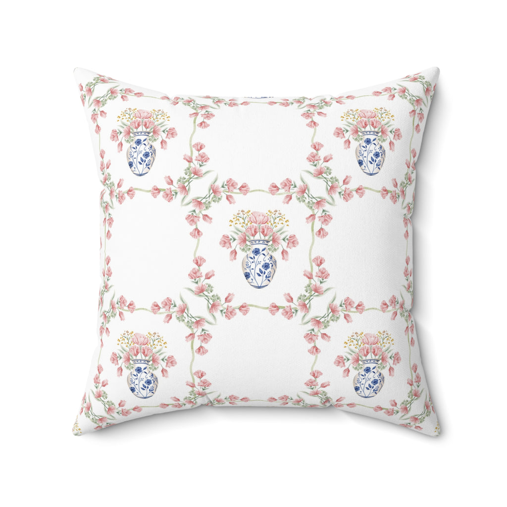 Blue Chinoiserie Jar Floral Double Sided Square Pillow or Pillow Cover , Grandmillennial Throw Pillow, Preppy Blue Bedroom Living Room Decor