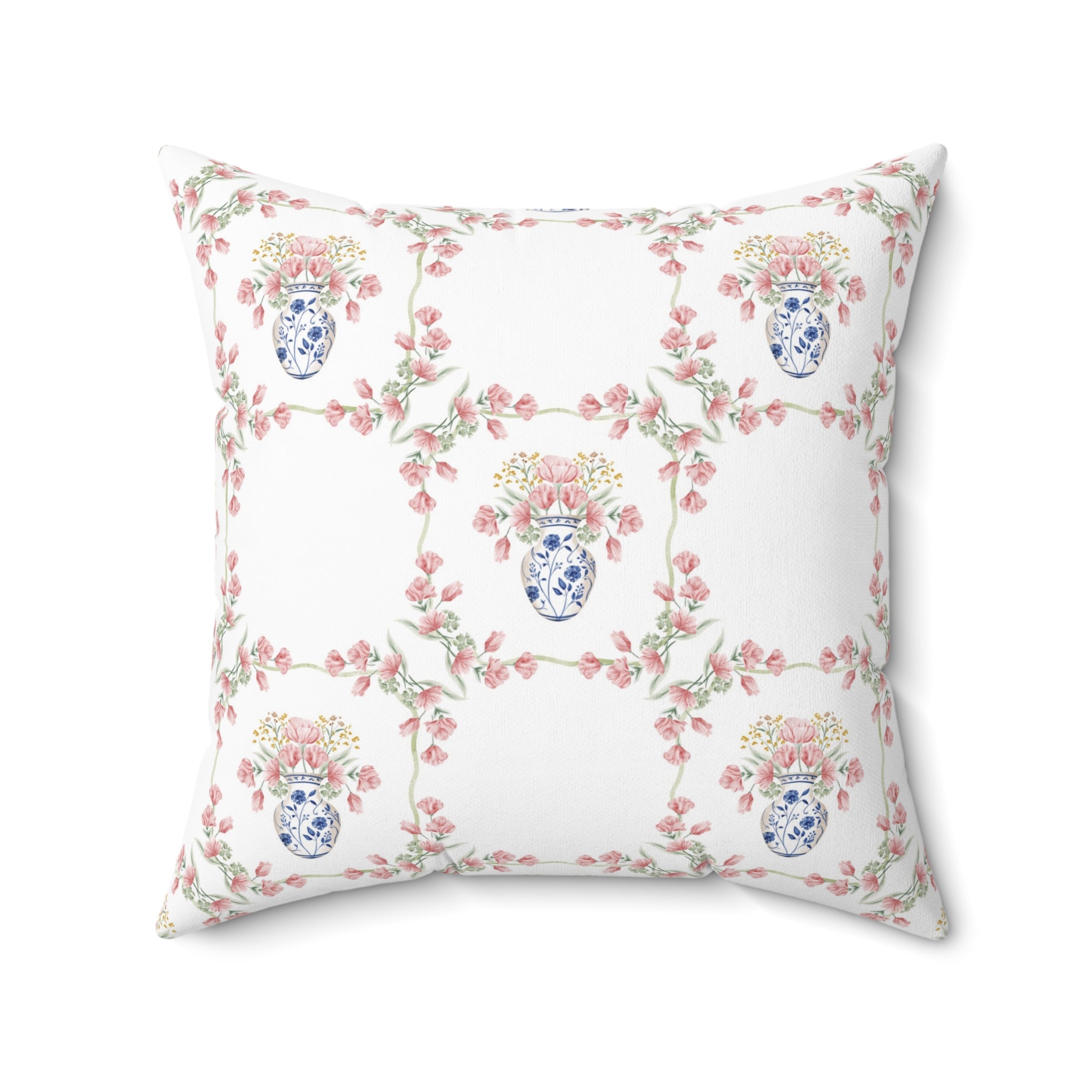 Blue Chinoiserie Jar Floral Double Sided Square Pillow or Pillow Cover , Grandmillennial Throw Pillow, Preppy Blue Bedroom Living Room Decor