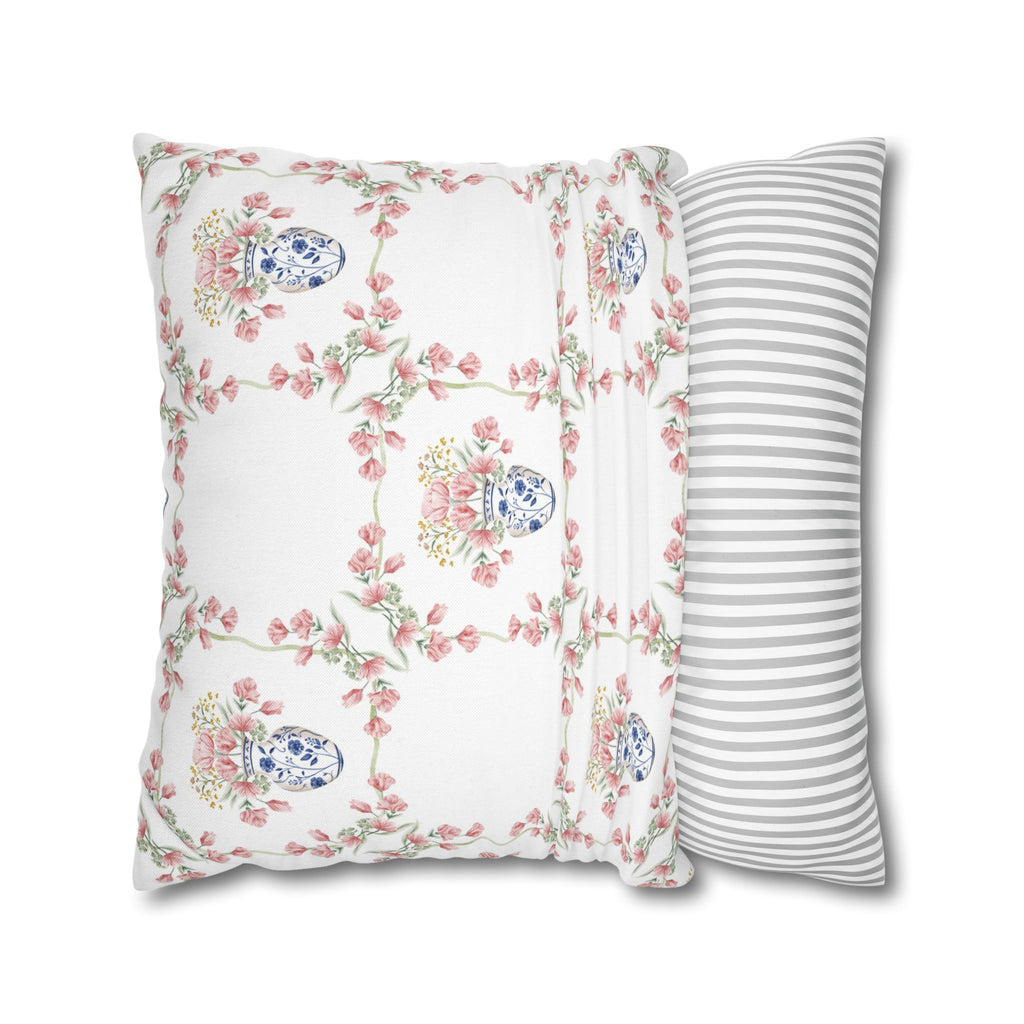 Blue Chinoiserie Jar Floral Double Sided Square Pillow or Pillow Cover , Grandmillennial Throw Pillow, Preppy Blue Bedroom Living Room Decor