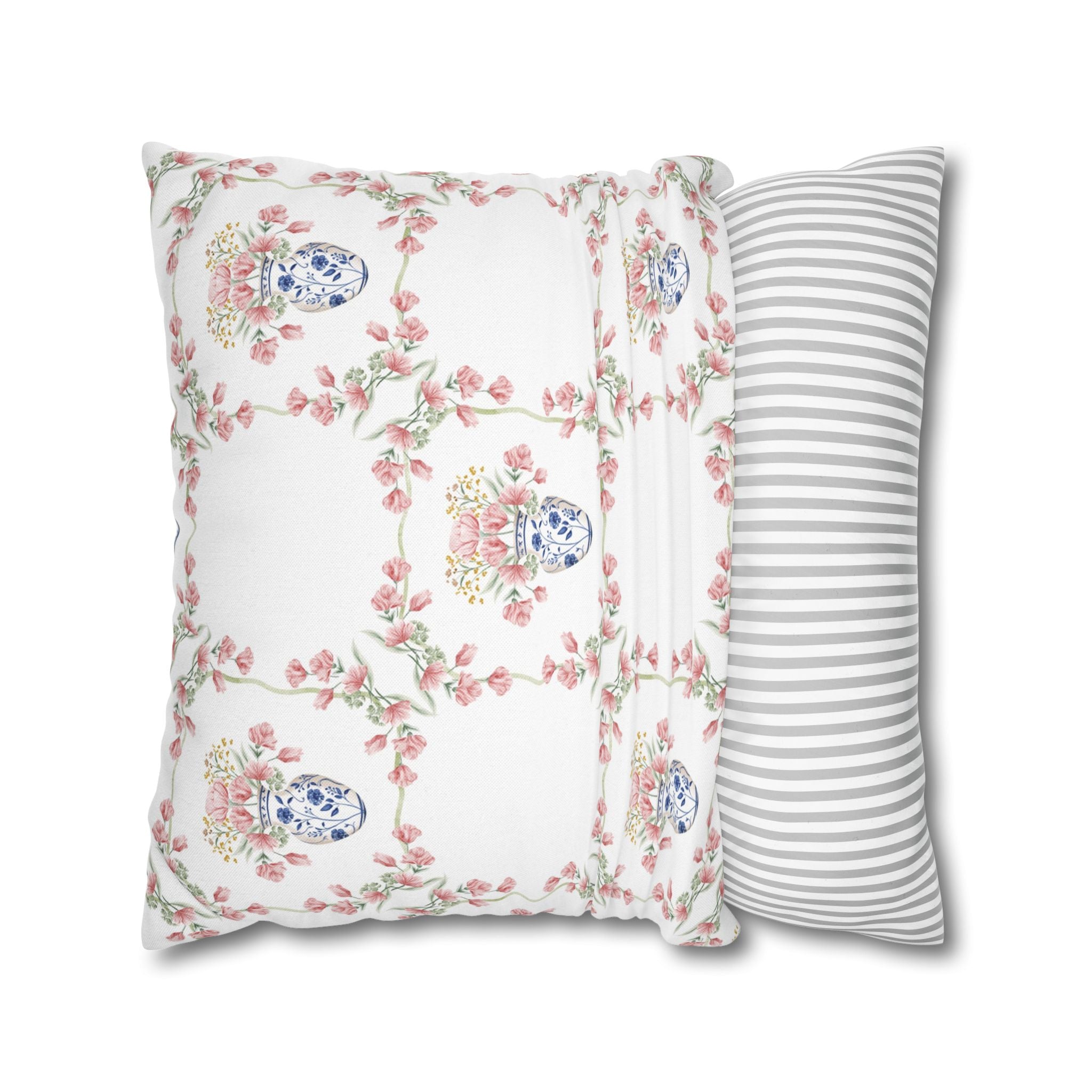 Blue Chinoiserie Jar Floral Double Sided Square Pillow or Pillow Cover , Grandmillennial Throw Pillow, Preppy Blue Bedroom Living Room Decor