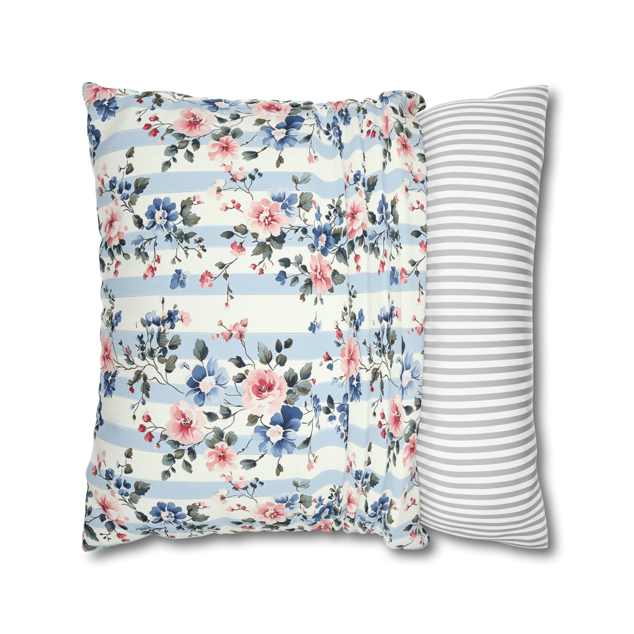 Blue Stripe Floral Double Sided Square Pillow or Pillow Cover , Grandmillennial Throw Pillow, Bedroom Living Room Decor, Shabby Chic Decor,