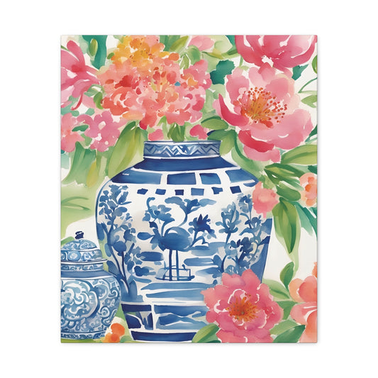 Chinoiserie Floral Canvas Wall Art, Watercolor Floral Art, Botanical Art, Grandmillenial Decor, Ginger Jar Decor, Gift For Her
