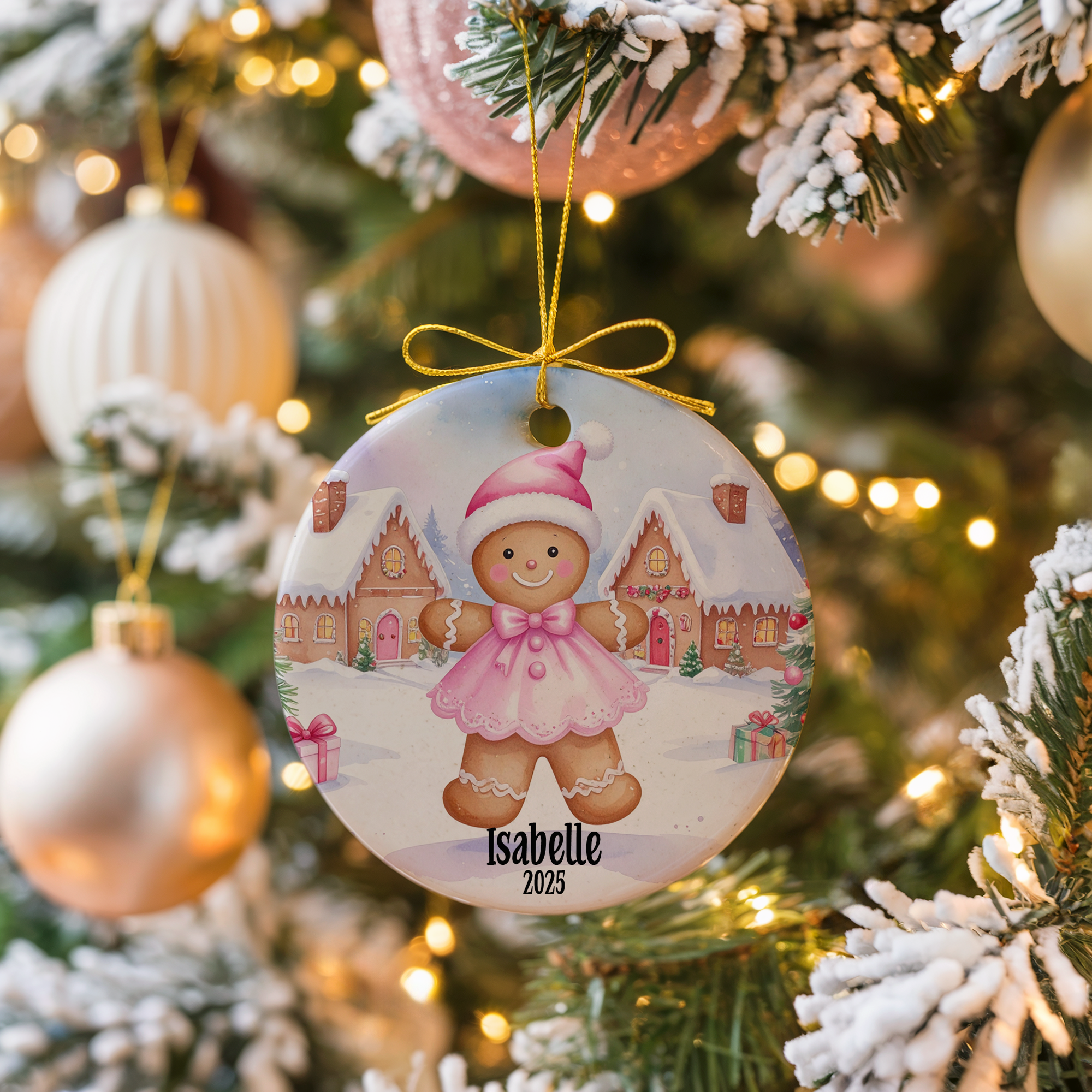 Personalized Pink Gingerbread Ornament, Kids Gift Ornament, Add Any Name Keepsake Ornament, Gift For Grandchild, Gift For Girl