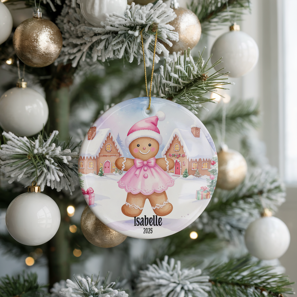 Personalized Pink Gingerbread Ornament, Kids Gift Ornament, Add Any Name Keepsake Ornament, Gift For Grandchild, Gift For Girl