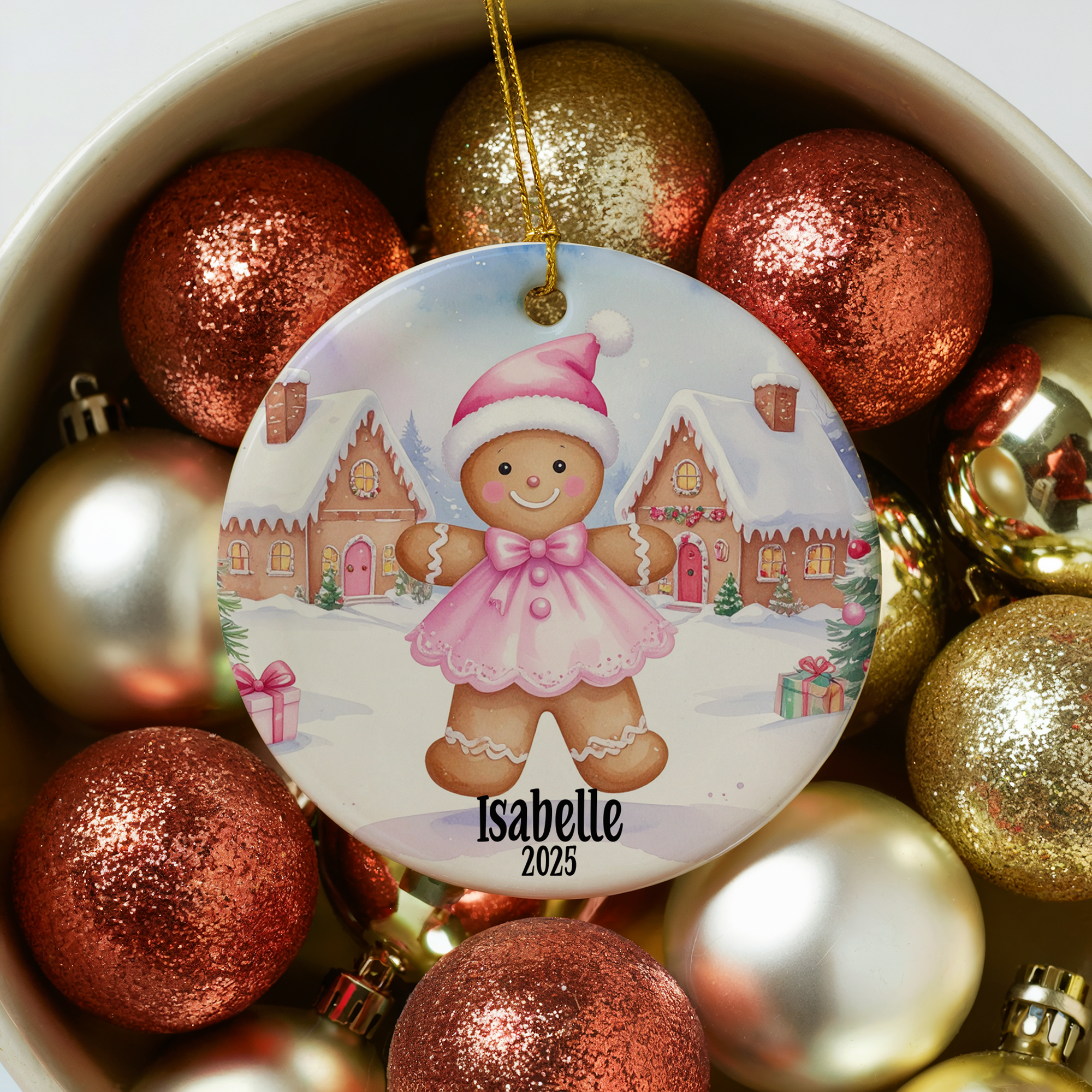 Personalized Pink Gingerbread Ornament, Kids Gift Ornament, Add Any Name Keepsake Ornament, Gift For Grandchild, Gift For Girl
