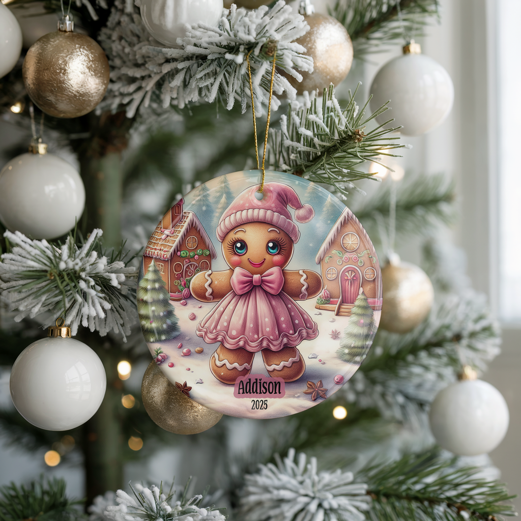 Personalized Pink Gingerbread Ornament, Kids Gift Ornament, Add Any Name Keepsake Ornament, Gift For Grandchild, Gift For Girl
