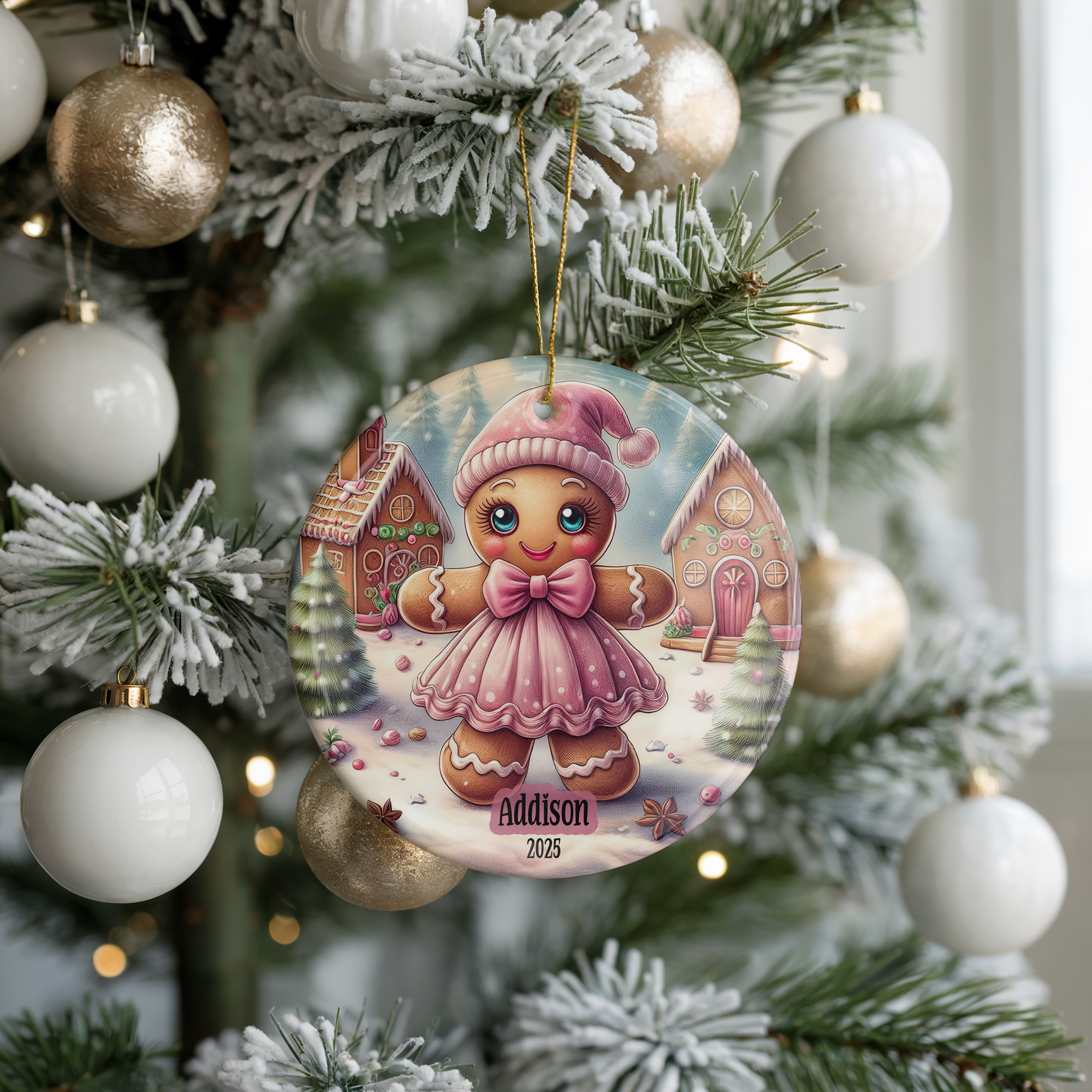 Personalized Pink Gingerbread Ornament, Kids Gift Ornament, Add Any Name Keepsake Ornament, Gift For Grandchild, Gift For Girl