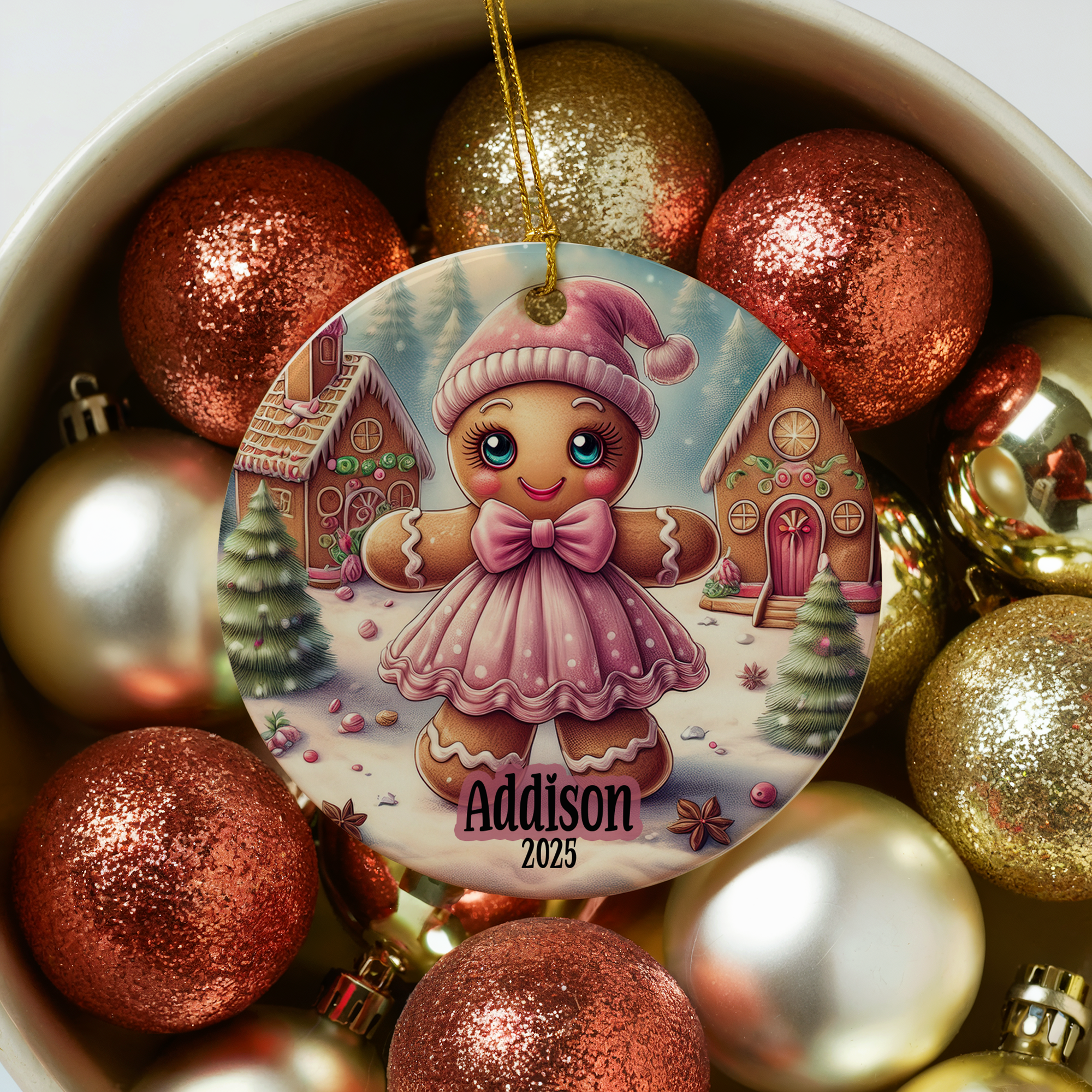 Personalized Pink Gingerbread Ornament, Kids Gift Ornament, Add Any Name Keepsake Ornament, Gift For Grandchild, Gift For Girl