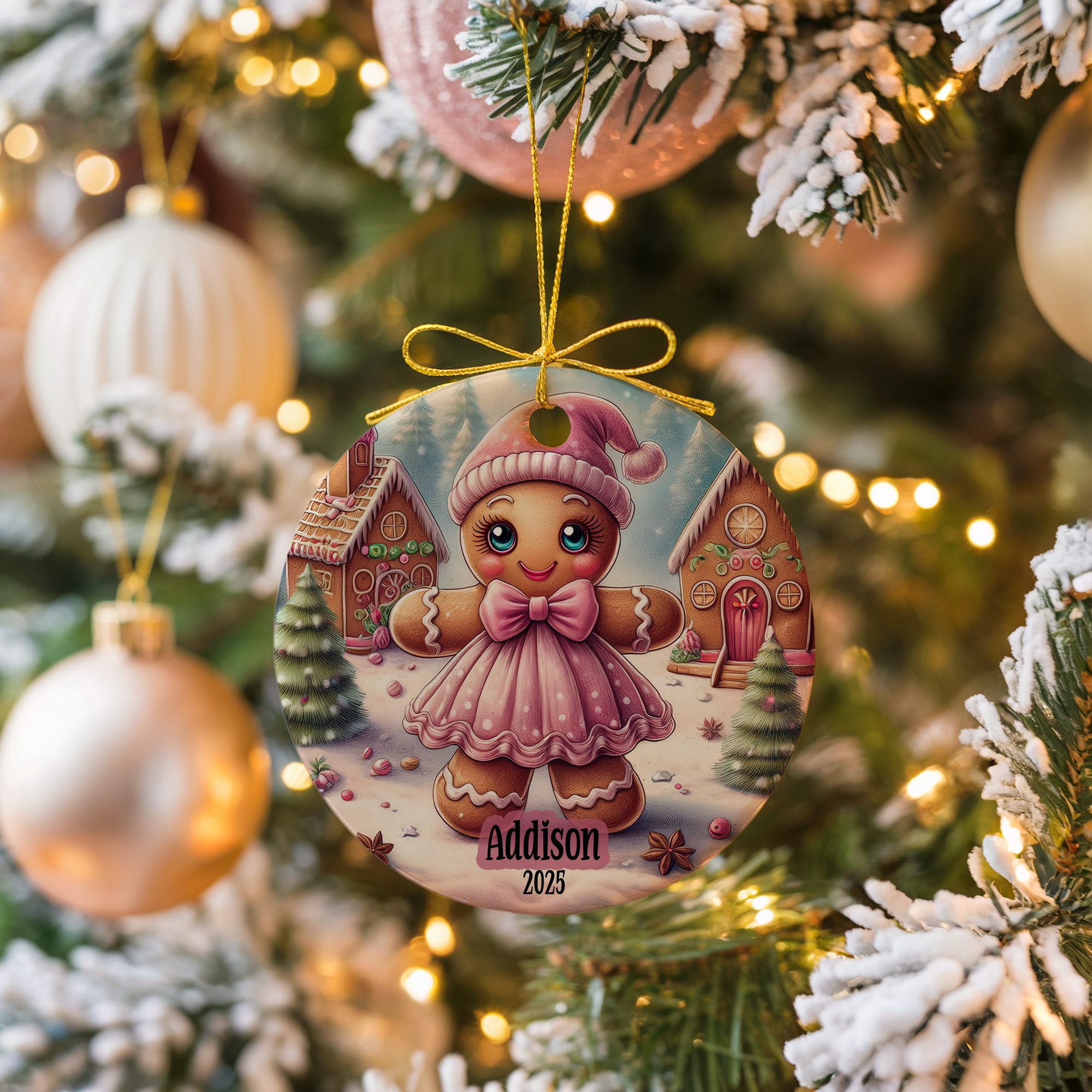 Personalized Pink Gingerbread Ornament, Kids Gift Ornament, Add Any Name Keepsake Ornament, Gift For Grandchild, Gift For Girl