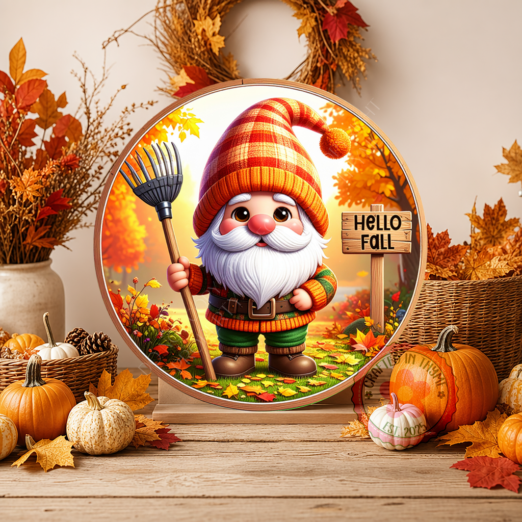 Hello Fall Gnome Wreath Sign, Round Metal Sign For Wreaths, Wreath Attachment, Halloween Fall Wreath Sign