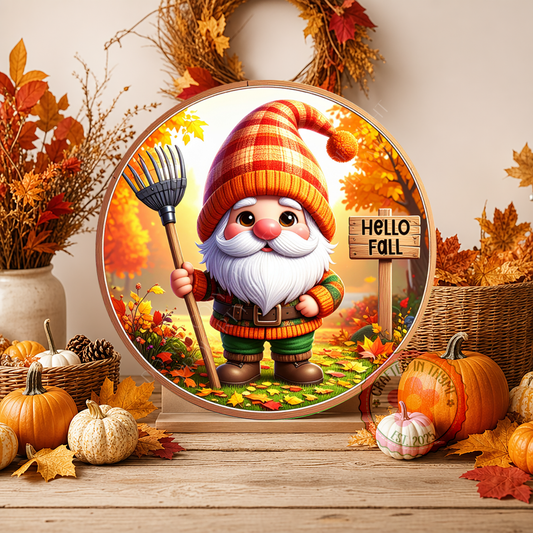 Hello Fall Gnome Wreath Sign, Round Metal Sign For Wreaths, Wreath Attachment, Halloween Fall Wreath Sign