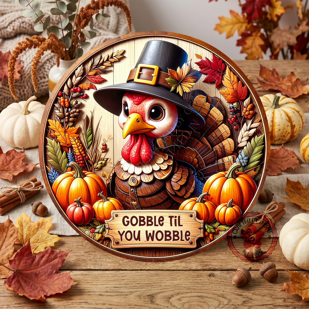 Turkey Gobble Til You Wobble Wreath Sign, Round Metal Sign For Wreaths, Wreath Attachment, Halloween Fall Wreath Sign