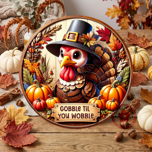 Turkey Gobble Til You Wobble Wreath Sign, Round Metal Sign For Wreaths, Wreath Attachment, Halloween Fall Wreath Sign
