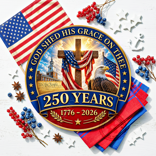 USA 250 God Shed His Grace On Thee Wreath Sign, Round Metal Sign For Wreaths, Patriotic Eagle Christian Wreath Attachment Insert