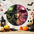 Good & Evil Witch Welcome Get Out Wreath Sign, Round Metal Sign For Wreaths, Witch Wreath Attachment, Halloween Fall Wreath Sign