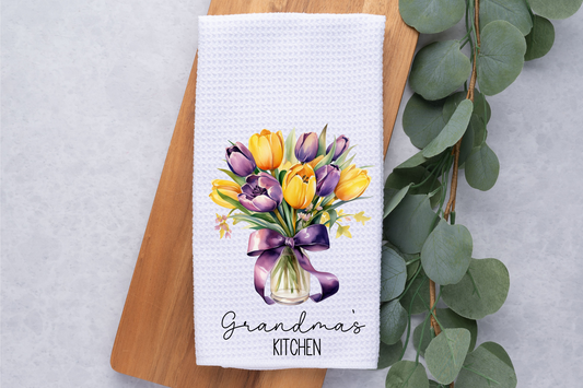 Personalized Tulip Bouquet Kitchen Dish Towel, Hand Tea Towel, Custom Gift