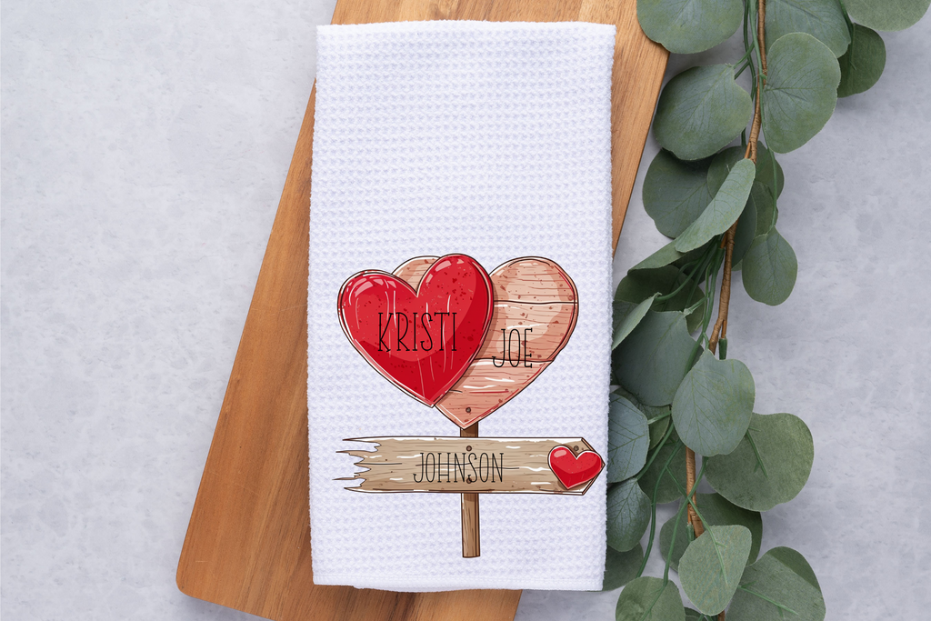 Personalized Valentines Heart Names Kitchen Dish Towel, Hand Tea Towel, Custom Gift