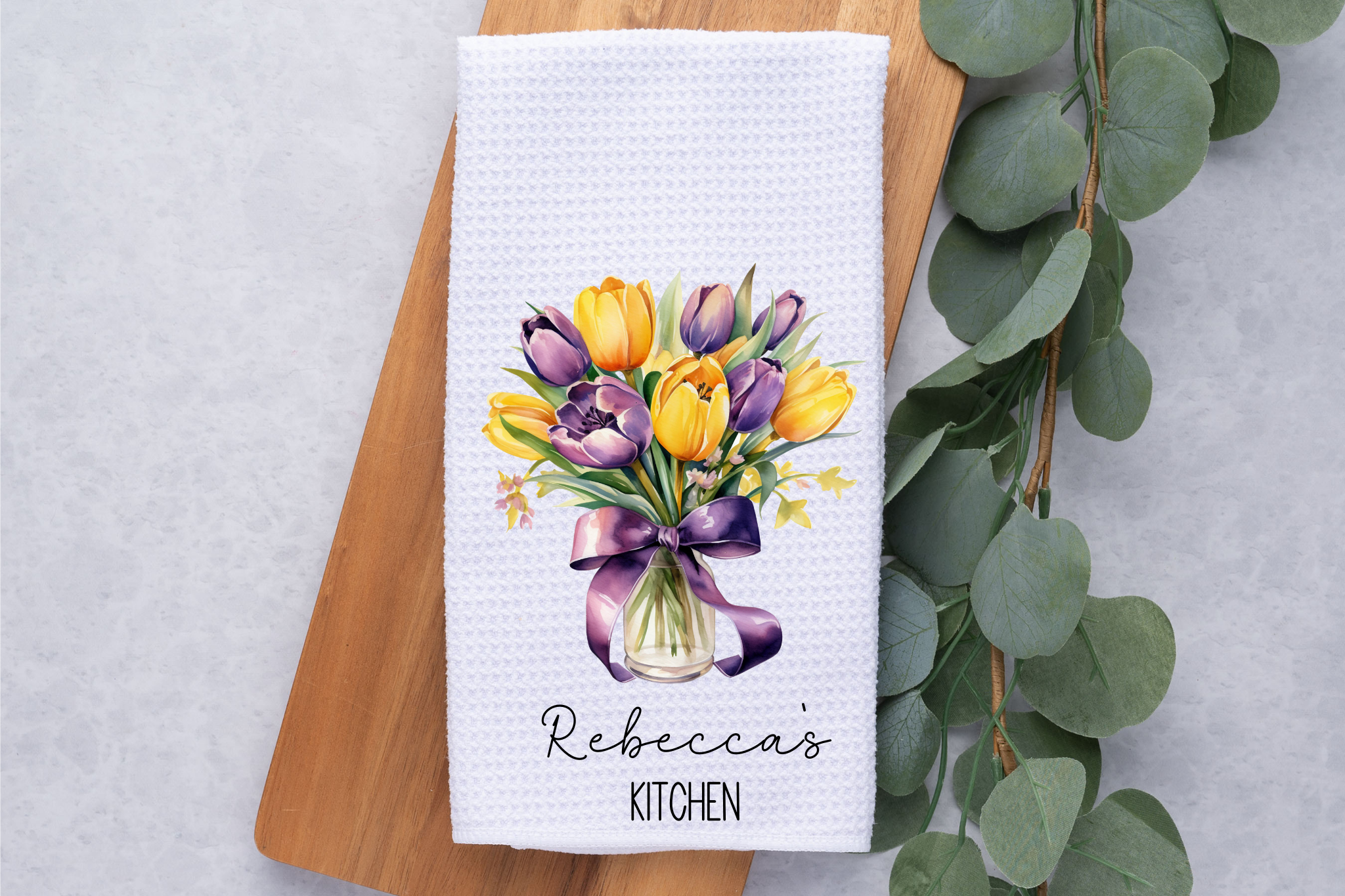 Personalized Tulip Bouquet Kitchen Dish Towel, Hand Tea Towel, Custom Gift