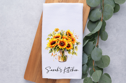 Personalized Sunflowers Kitchen Dish Towel, Hand Tea Towel, Custom Gift