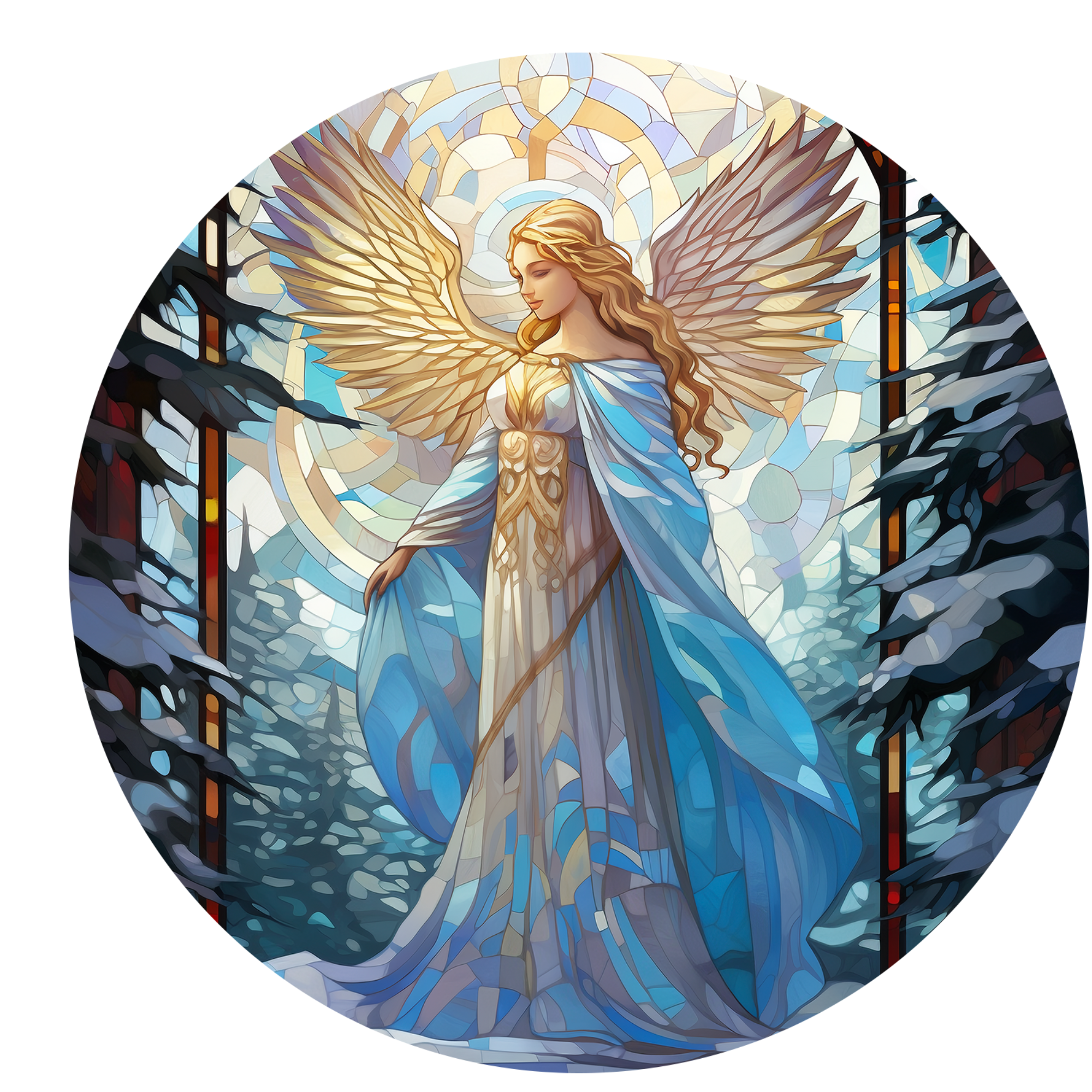 Stained Glass Angel Wreath Sign, Round Metal Sign, Door Hanger