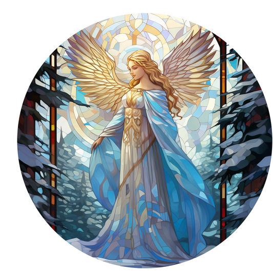 Stained Glass Angel Wreath Sign, Round Metal Sign, Door Hanger