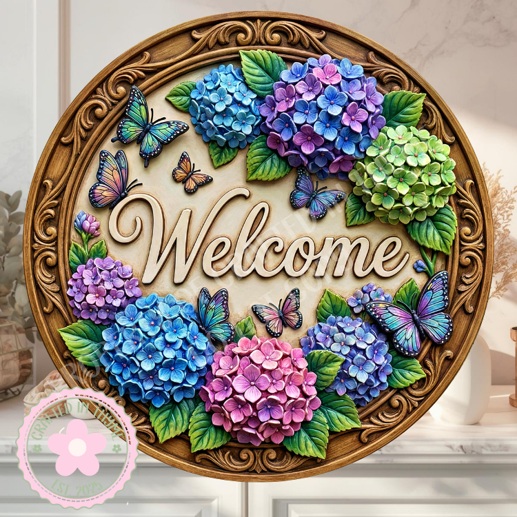 Hydrangea & Butterfly Wreath Sign, Round Metal Sign For Wreaths, Floral Decor