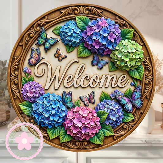 Hydrangea & Butterfly Wreath Sign, Round Metal Sign For Wreaths, Floral Decor