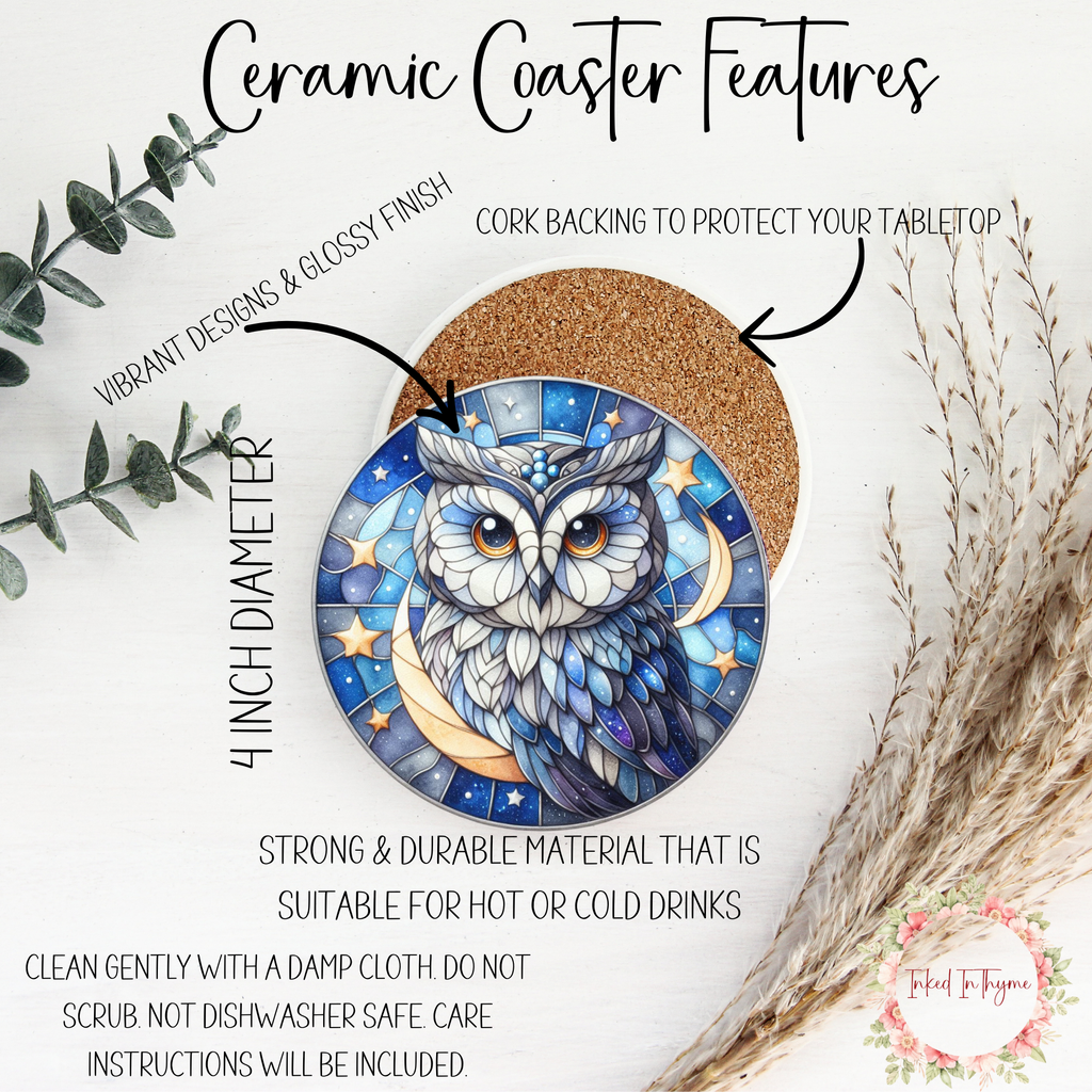 Faux Stained Glass Owl Coaster, Elegant Coffee Table Decor,Nature Lover Art Gift, Desk Accessory, Ceramic Coasters